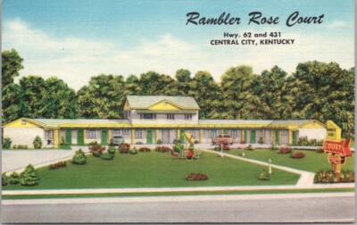 Central City, Kentucky Postcard RAMBLER ROSE COURT Highway 62 Linen *Creased