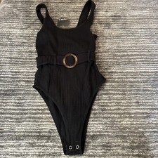Forever 21 Womens Small Bodysuit Ribbed Sleeveless Stretch Black Belted Snap