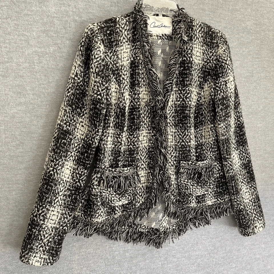 CABI Tweed Shag Fringe Jacket Women's 2 Black White Check Plaid Career Academia - Image 2 of 4