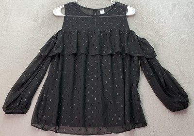 Old Navy Blouse Top Women XS Black Sparkly Swiss Dot Ruffle Cold Shoulder Sleeve
