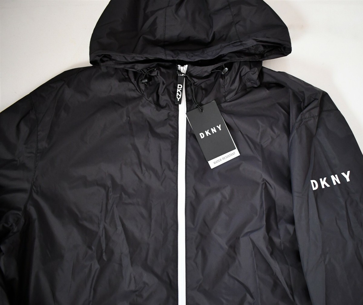 $150 NEW DKNY Black Relaxed HOODED WATER-RESISTANT WINDBREAKER