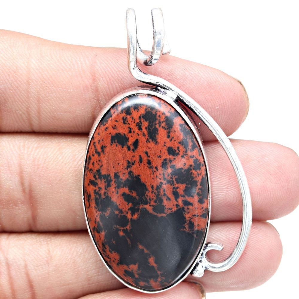 Mahogany Obsidian Gemstone Silver Pendant Necklace Gift For Her 2 Inch