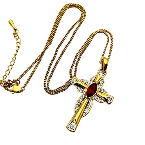 Camrose Kross Necklace Jackie Kennedy Gold Red Clear Rhinestone Cross Pendant - Picture 6 of 7