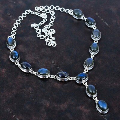 Natural Labradorite 925 Sterling Silver Bezel Wedding New Chain Necklace Jewelry