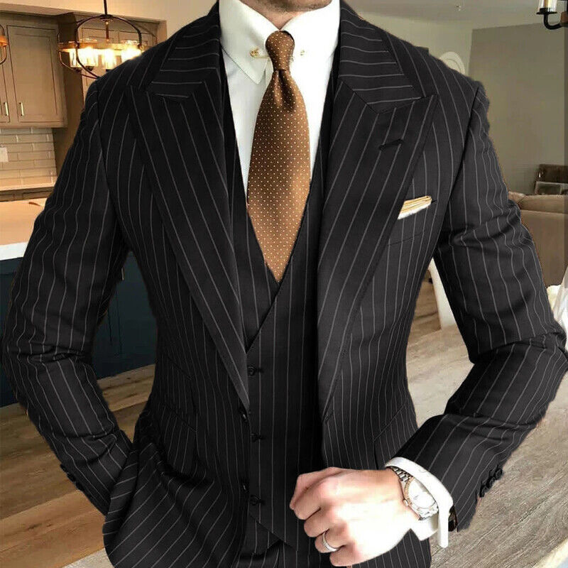 Fashion Men Suits Pin Striped 3 Pieces Wide Peak Lapel Business Wedding  Tuxedos