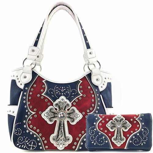 Justin West Concealed Carry Floral Studs Laser Cut Cross Handbag Purse Wallet - Picture 140 of 140