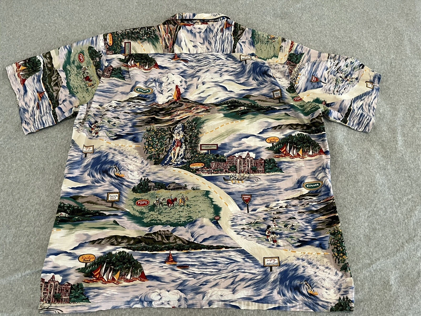 Hilo Hattie Surf Golf Volcano Beach Button Front Hawaiian Shirt Mens XL