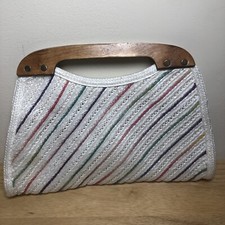 VTG 80s Woven Macrame Handbag Clutch Snaps Rainbow Colors Bamboo Wood Handle
