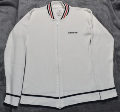 Womens ADIDAS Vintage Ribbed Full Zip White Red Blue Sweater EUC Sz  Medium