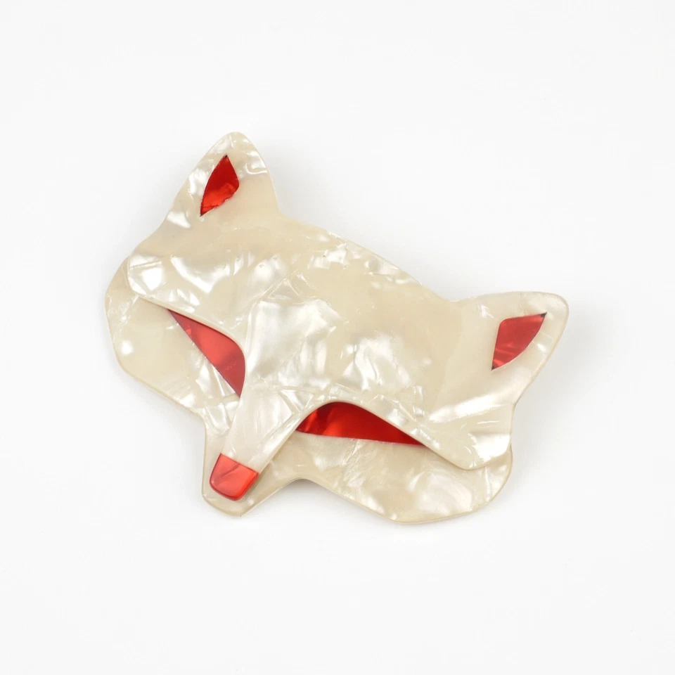 Broche LEA STEIN cabeza de lobo de zorro en acetato crema y rojo hecho a mano en París Francia Foto 3 de 4