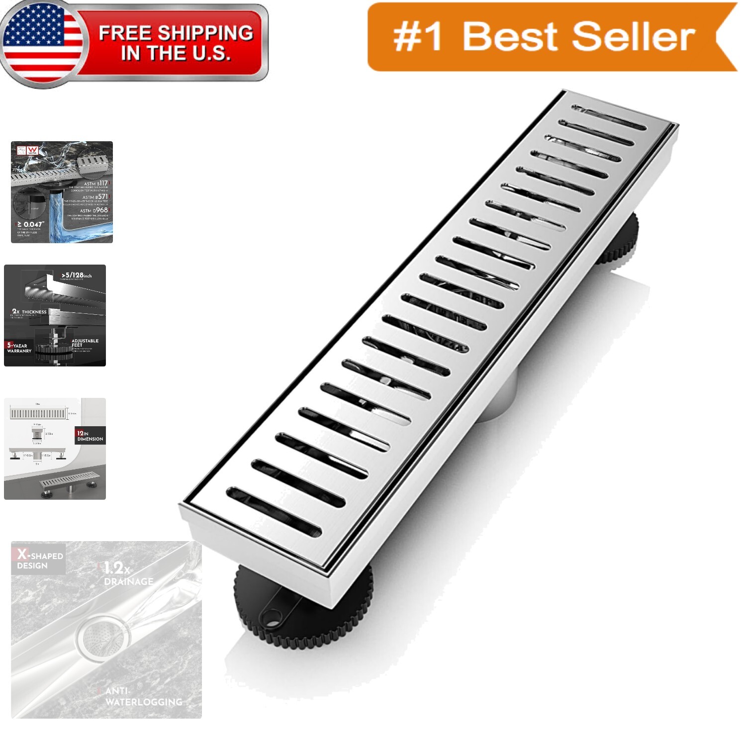 Versatile 12-Inch Linear Shower Drain with Removable Capsule Grate & Accessories