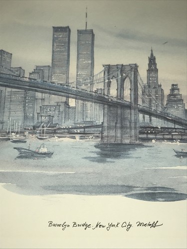 Anni 70 - Mostoff - New York - Twin Towers - Ponte di Brooklyn - Arte - Stampa firmata - Foto 1 di 5