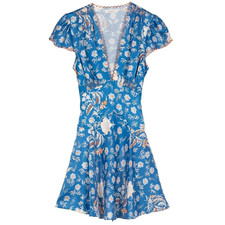 Doen Dianne Silk V Neck Puff Short Sleeve Mini Dress Blue Azure Hollyhock Hills