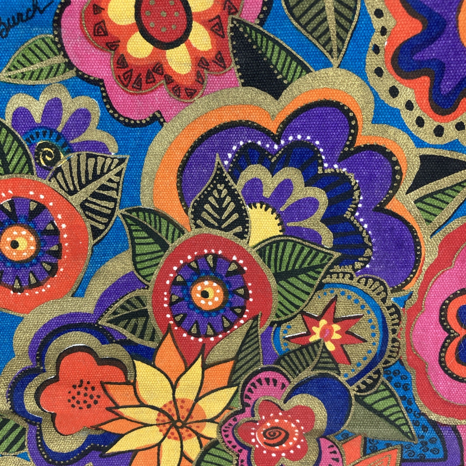 Sun N Sand Large Canvas Tote Bag Laurel Burch Floral Print End Pockets Zippered