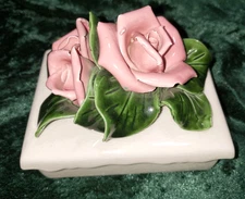 Vintage Yona California Ceramic Trinket Dish With Lid & Applied Pink Roses 4"