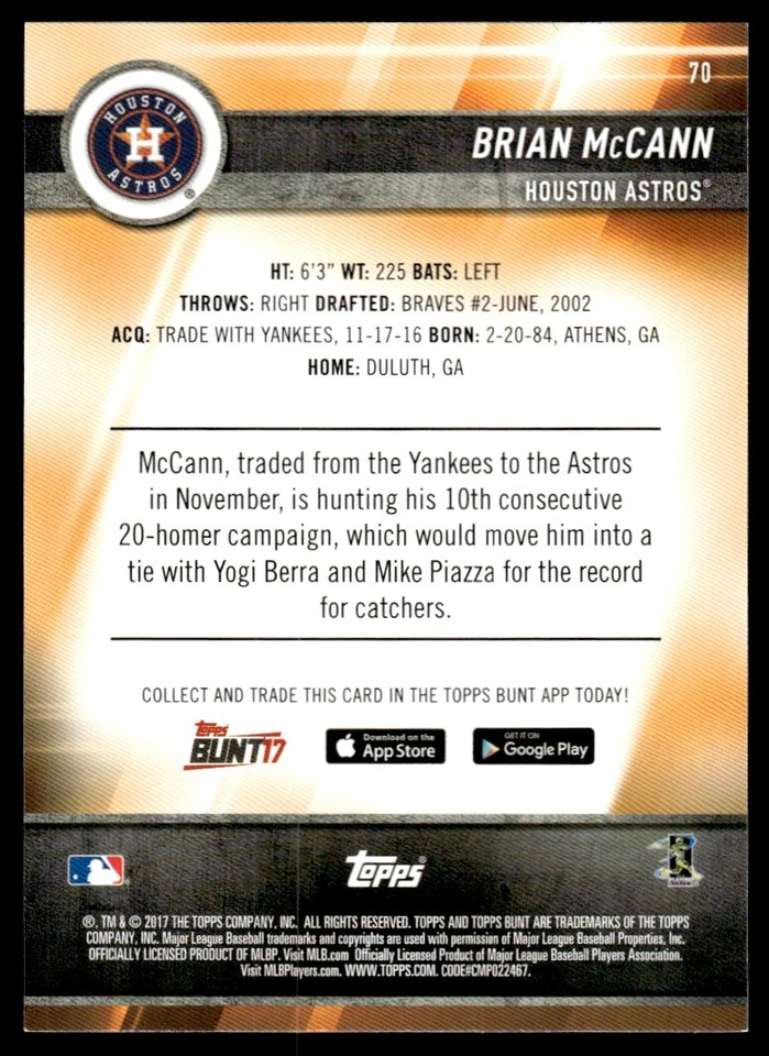 2017 Topps Bunt Blue Brian McCann Houston Astros #70 - Image 2 of 2