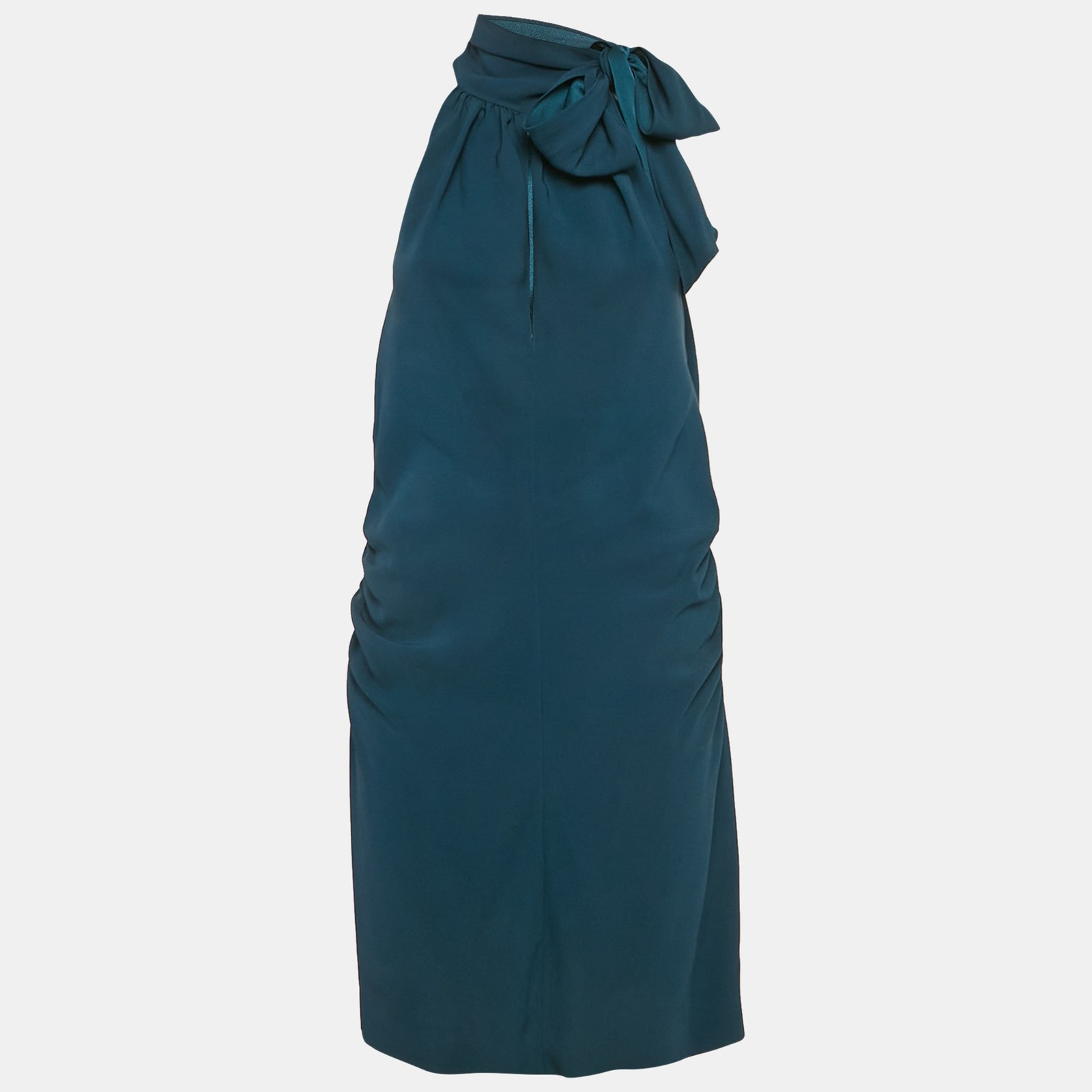 Mini abito Saint Laurent Paris blu in crepe con dettagli sul collo allacciato L