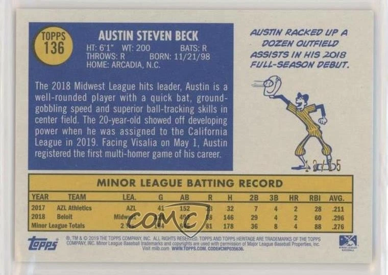 2019 Topps Heritage Minor League Edition Gold /15 Austin Beck #136 - Image 2 of 2