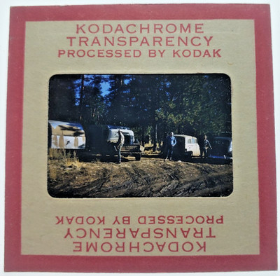 Kodachrome Red Border Slide | *1950s* OREGON LOGGING Logs Logger Crew Izee Camp