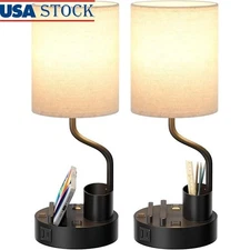 Bedside Table Lamps Set of 2 W/ AC Outlets USB Charging Phone Holder ‎Beige