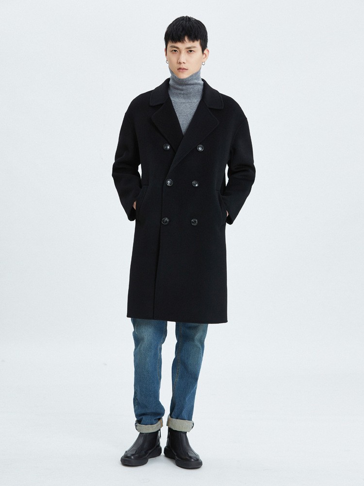 Mens Double Breasted Lapel Collar Mid Long 100% Wool Trench Coat Overcoats Loose