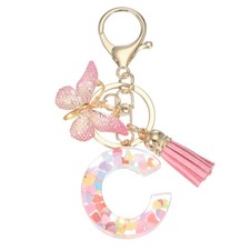 Alphabet Initial Letter Keychain Charm with Tassel Butterfly Letter C Pink