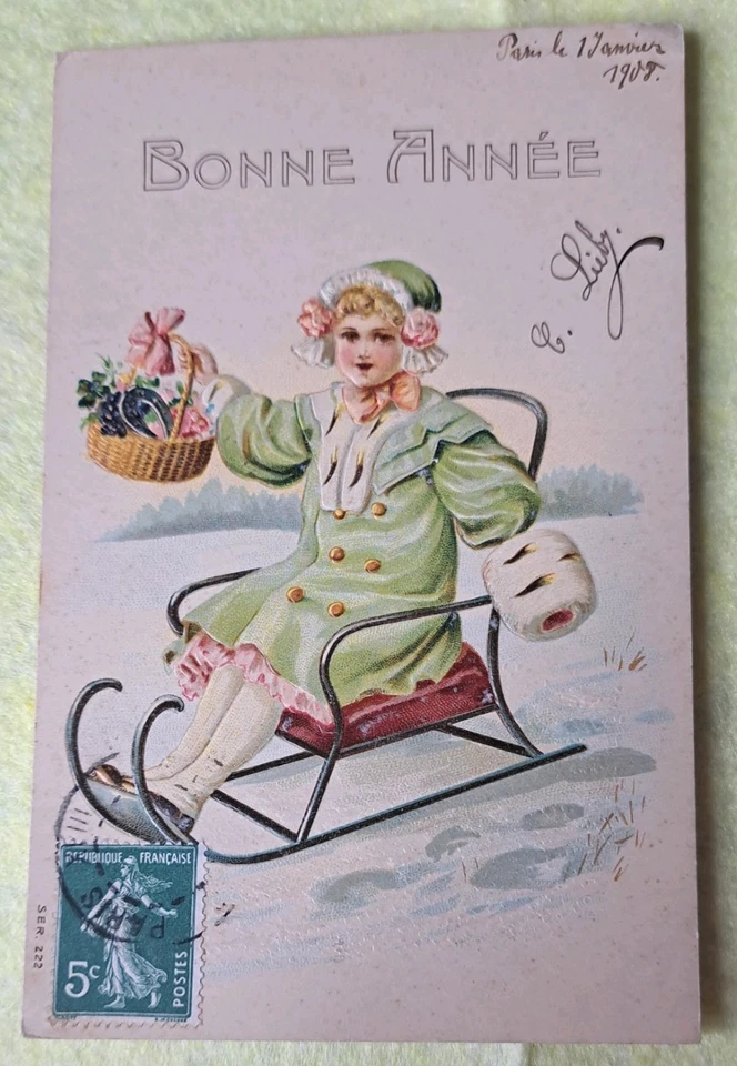 Carte postale en relief Nouvel An - fille tenant panier post card 1908 - Photo 1/1
