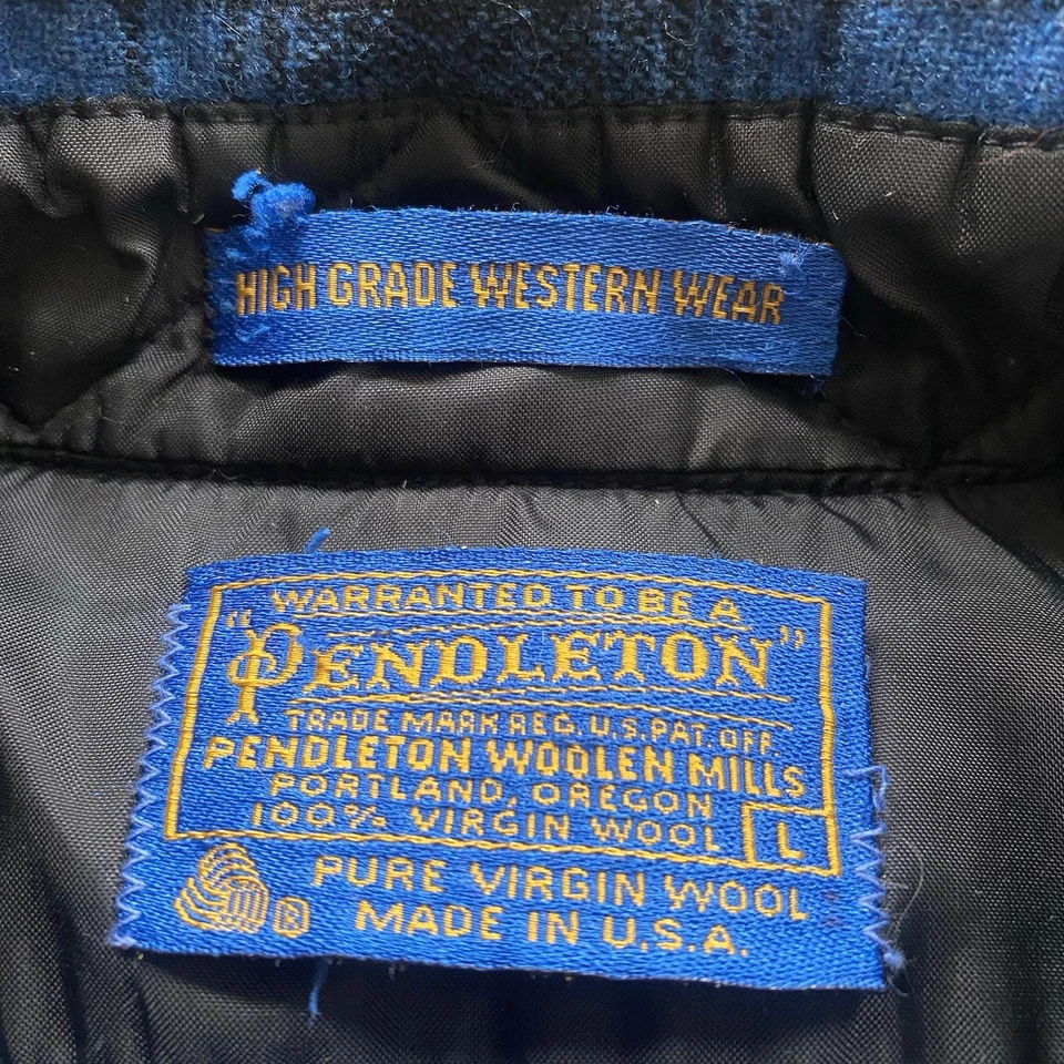 Vintage Pendleton Blue Shadow Plaid High Grade Western Shirt Snap 70s Large Wool - Image 4 of 4