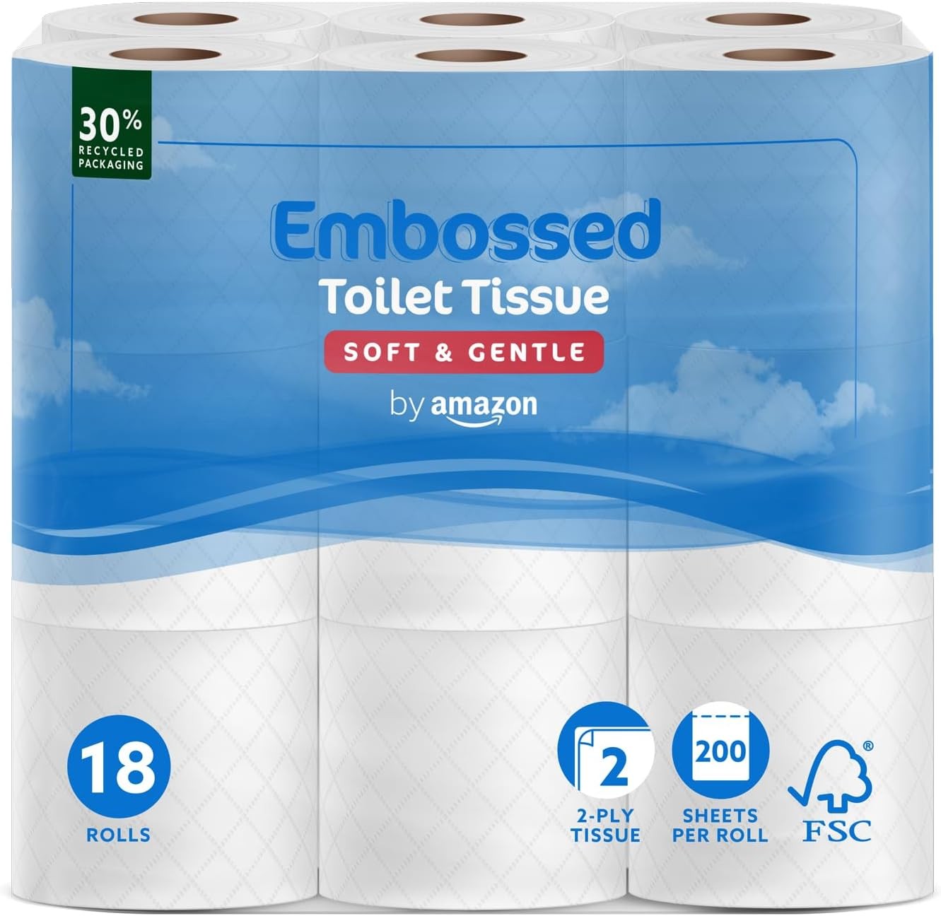 by Amazon Toilet Roll, 2-Ply Embossed, Soft and Gentle, 18 Rolls UK