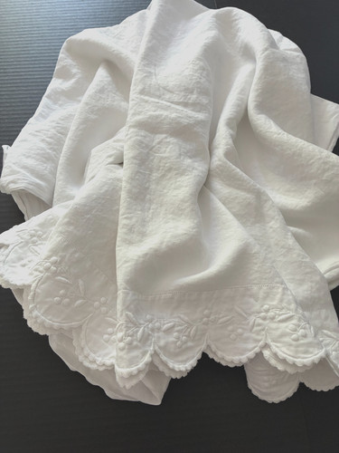 Antique Fench White Floppy Linen Trousseau Sheet w/ Hand Embroidery 86" x 106"