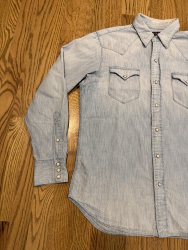Polo Ralph Lauren Pearl Snap Button Up Shirt Men’s Medium Chambray Blue Western - Picture 2 of 12