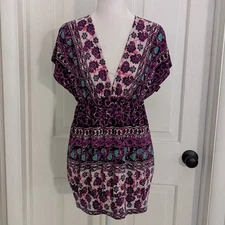 VTG FANG Womens Y2K Top MEDIUM Fairy Grunge Boho Empire Deep V  Tie Back Purple 