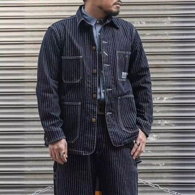 Non Stock Herren Amekaji Striped Denim Jacke Vintage Railroad Worker Cargo Jacke