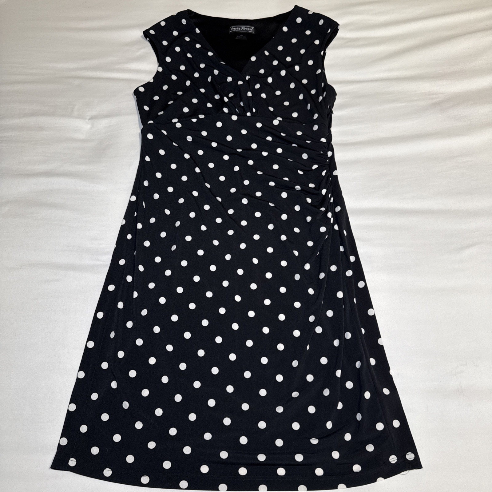 Jessica Howard Womens V Neck Dress Size 12 Petite Black White Polka Dots EUC