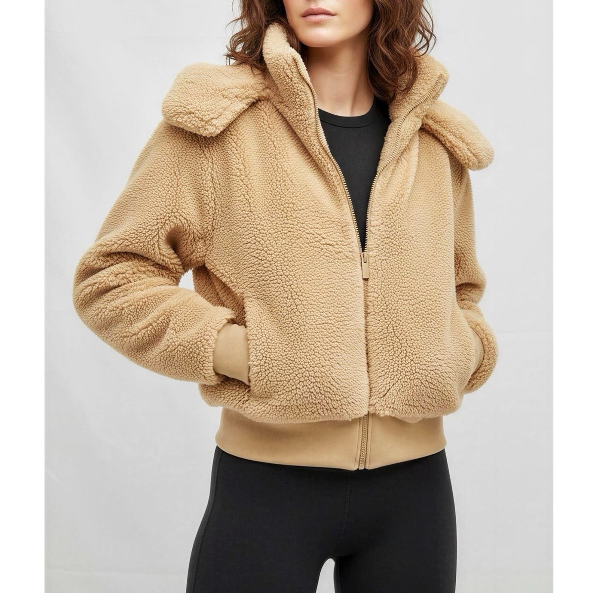 $228 ALO YOGA Foxy Oversized Sherpa Jacket, Camel, XS | eBay