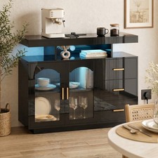 High Gloss Sideboard with LED Lights, Power Outlets, 3 Drawers, Shelves
