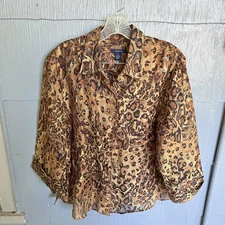Westbound Button Up Top Womens Size 16 Brown Animal Print Semi Sheer 3/4 Sleeve