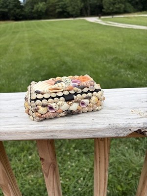 Sea Shell Covered Jewelry Trinket Box Black Felt Lining Cottagecore Grandmacore