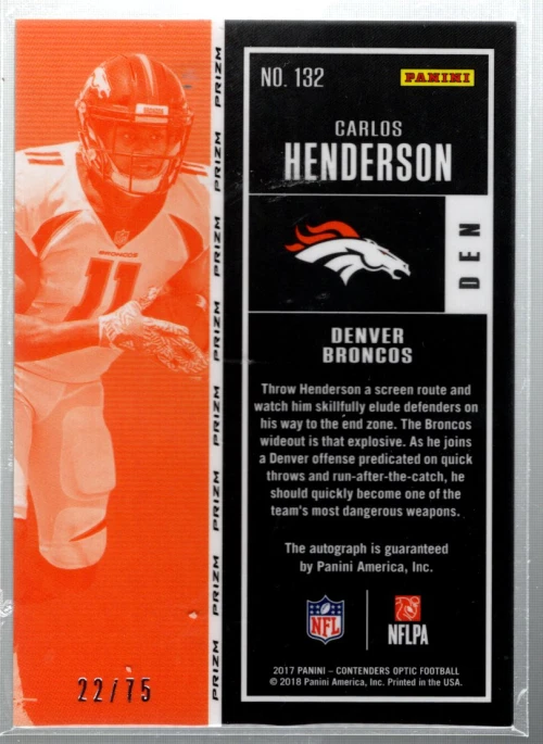 B3915- 2017 Panini Contenders Optic Red #132 Carlos Henderson Auto /75 (*ROOKIE) - Image 2 of 2