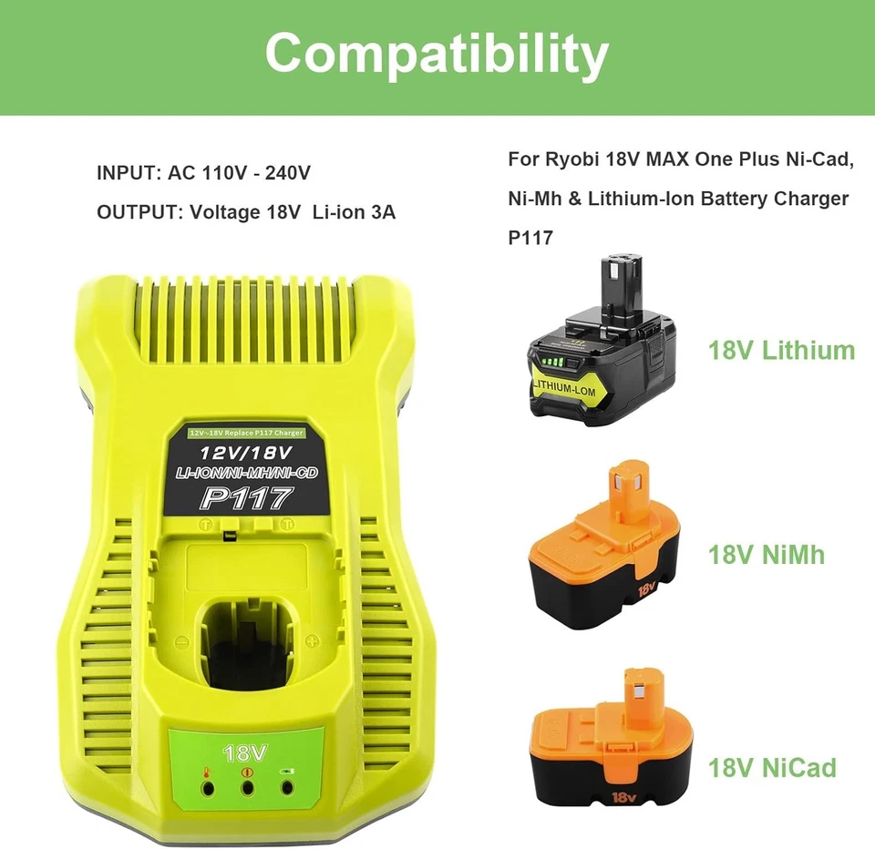 TREE.NB P117 Dual Chemistry 12V 14.4V 18V Battery Charger Replacement for Ryo - Image 3 of 4