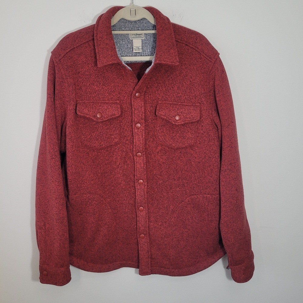 LL Bean Men's Sweater Fleece Shirt Jacket Snap Up Hickory Orange Large shacket