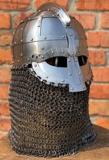 Medieval Riveted Chain Mail Helmet 16 Gage Steel Armor Viking Nasal Helmet
