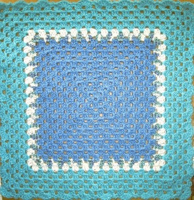 TOYS-DOLL-CROCHET BLANKET 48cm Sq Hand Made Doll Rug-Blue & Aqua Tones