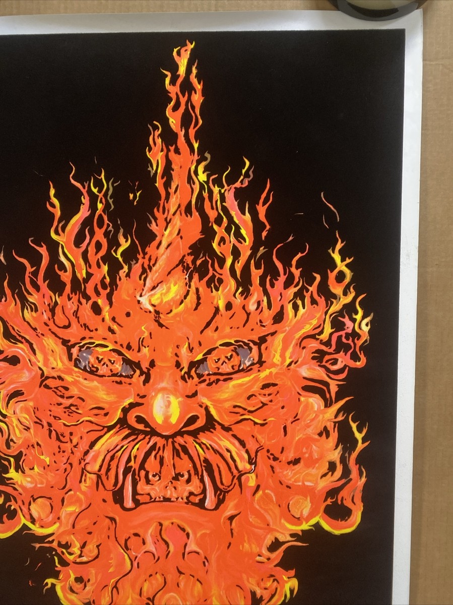 Flaming Face vintage blacklight poster velvet flocked Fire Flames