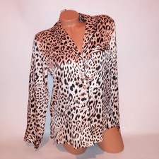 Victoria Secret Pajama Top Sleepwear XS Black Cream Leopard Satin Long Sleeve Bu