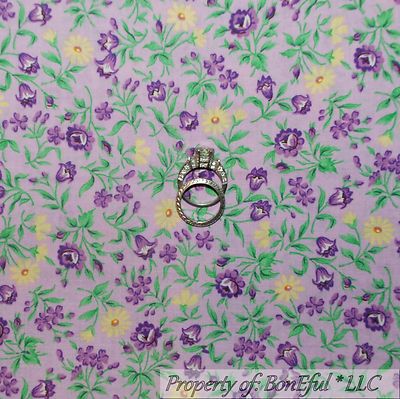 BonEful Fabric FQ Cotton Quilt Purple Yellow Small Flower Green Leaf Shabby Chic