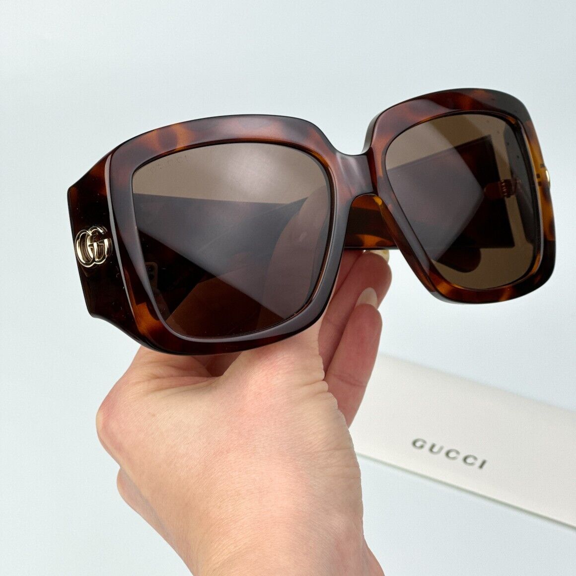 Gucci Women Sunglasses Blonde Havana Dark Brown Square Oversized GG1402S 002 NEW