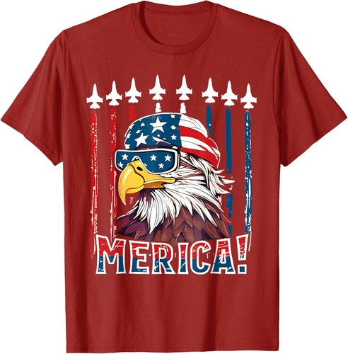 Merica USA Flag American Bald Eagle Patriotic Eagle 4th of July Unisex T-Shirt - Picture 5 of 9
