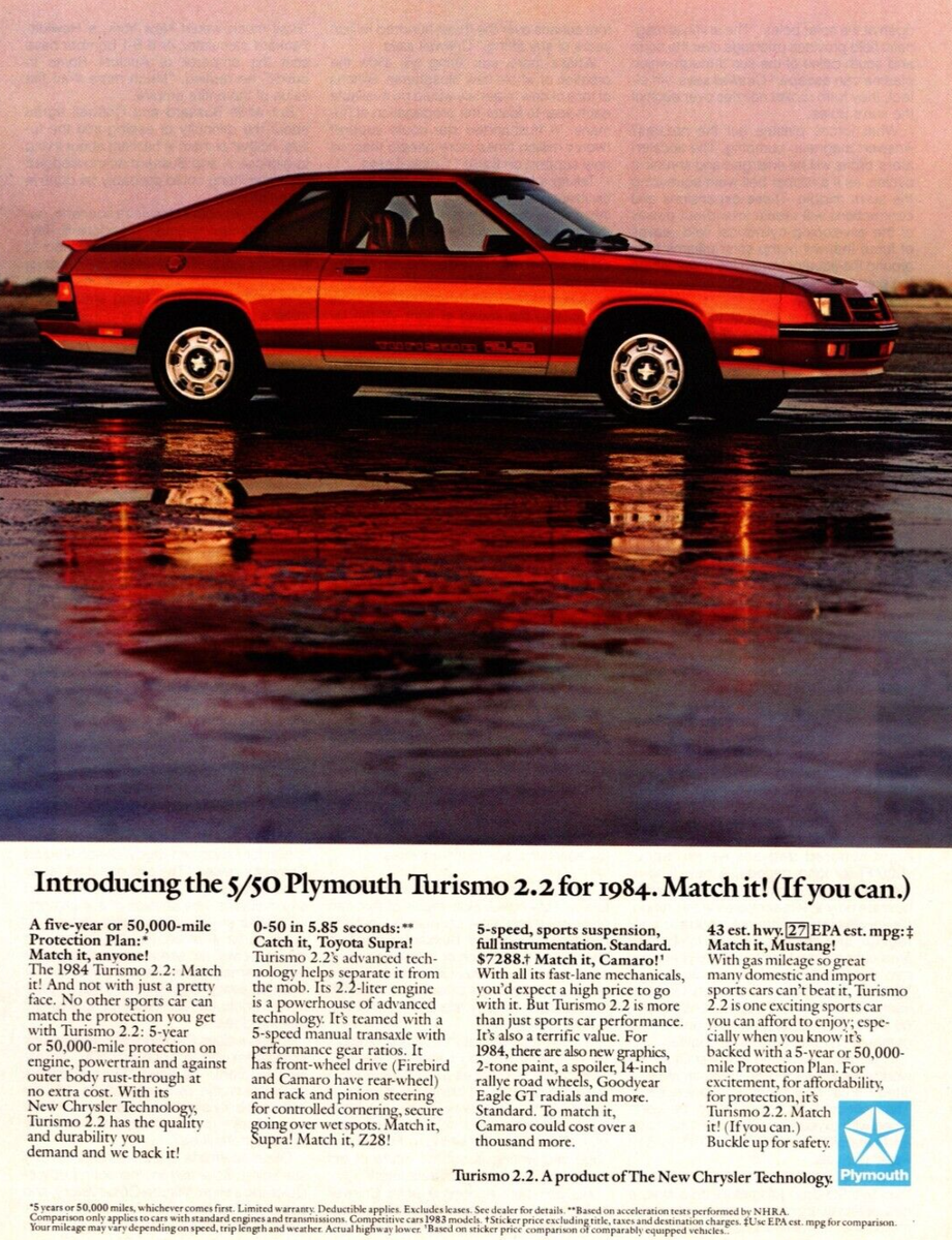 1984 PLYMOUTH TURISMO 2.2 SPORTS CAR PRINT AD, RED AUTOMOBILE