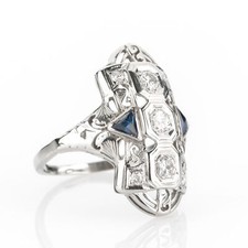 Art Deco Damenring 750er Gold mit 0.34ct Brillanten und 0.10ct Saphiren
